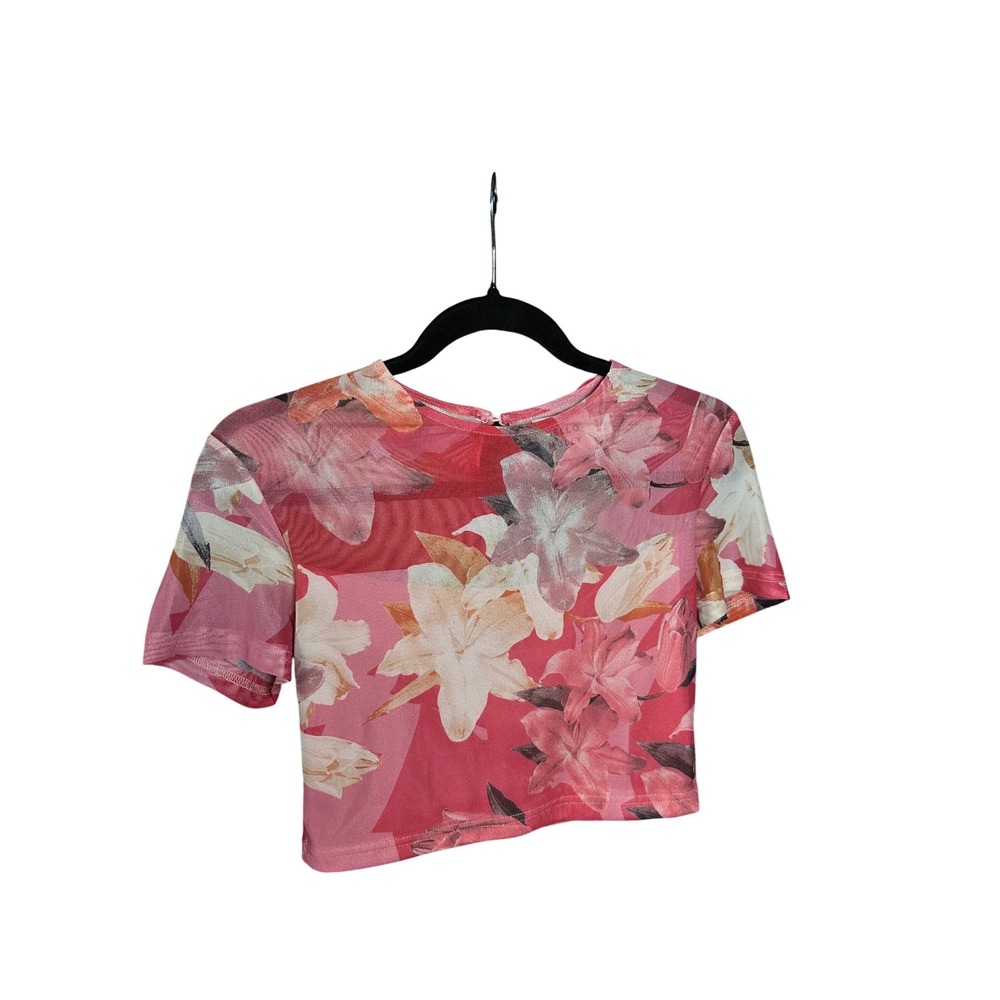Y2K Hello Molly Floral Mesh‎ Crop Top Pink Lily Short Sleeve Women's Size M Rave